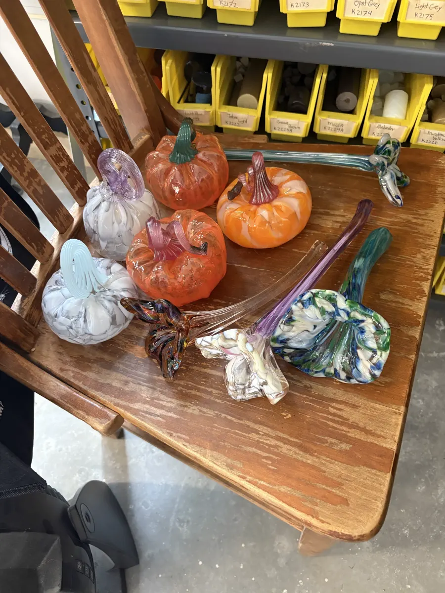Glass flowers and pumpkins by Caroline Abbey