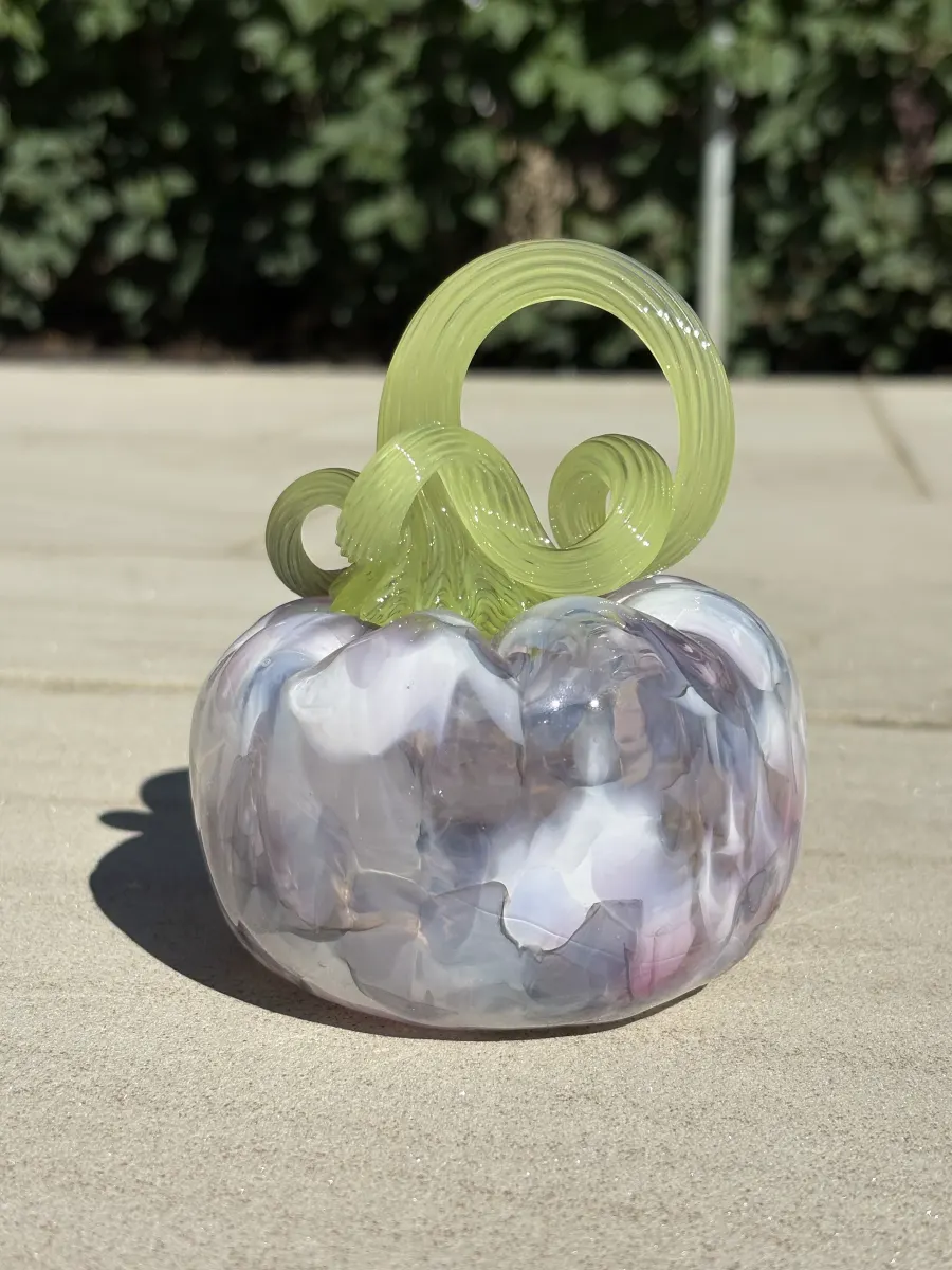 White and lilac glass pumpkin by Caroline Abbey