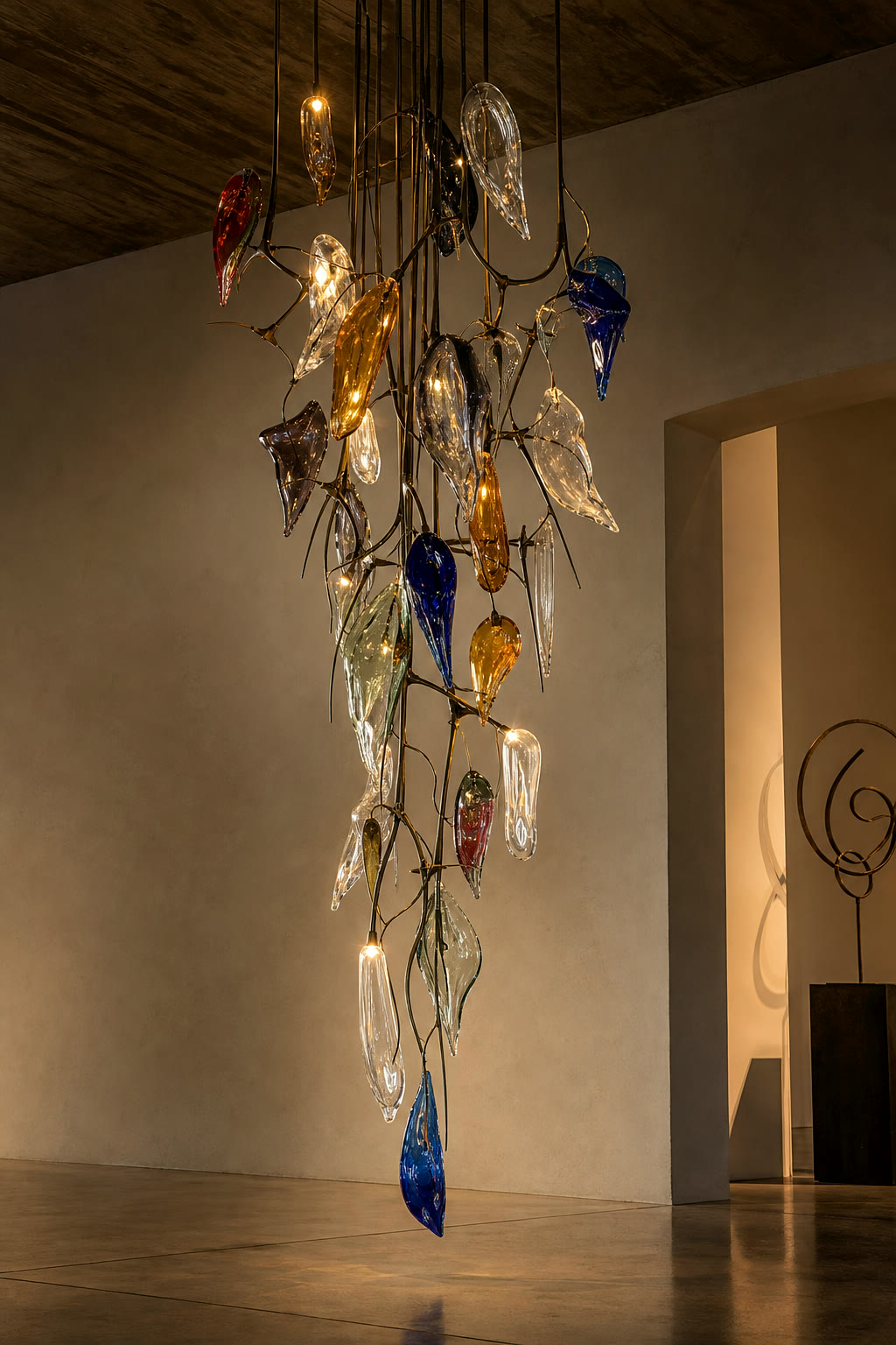 Organic glass chandelier concept with modern metal composition